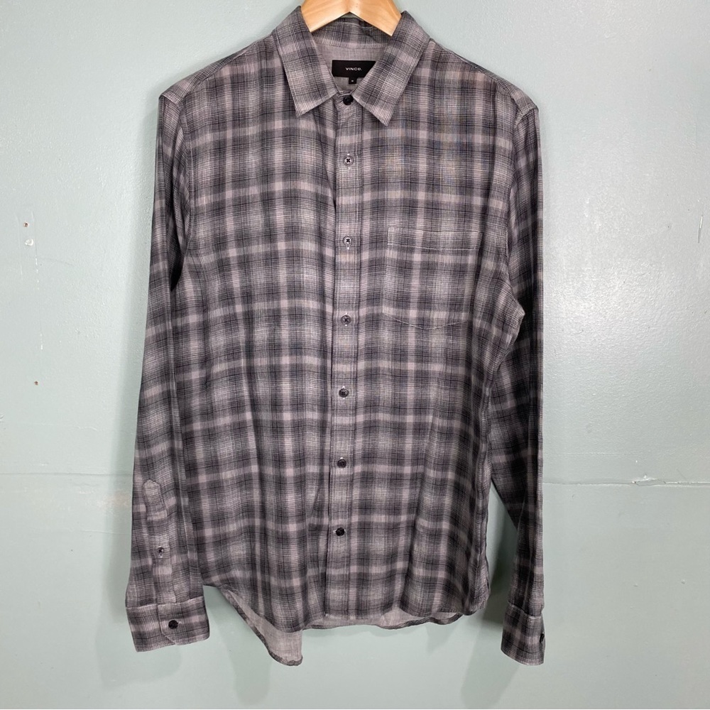 Vince Classic Fit M Plaid Black Gray Button Up Shirt
